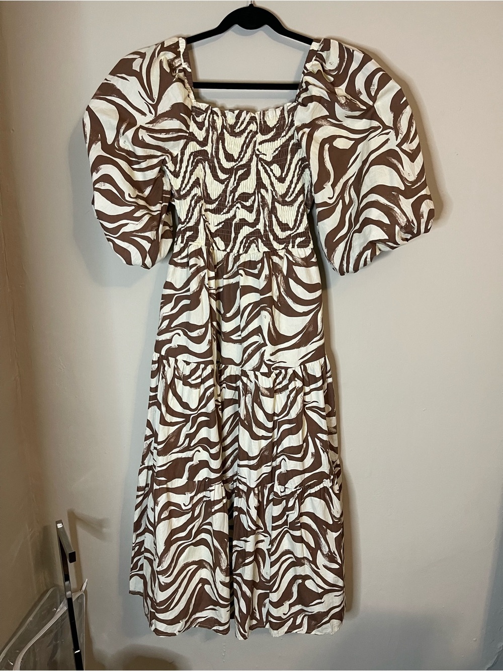 Brown & White Smocked Midi Dress with Puff Sleeves